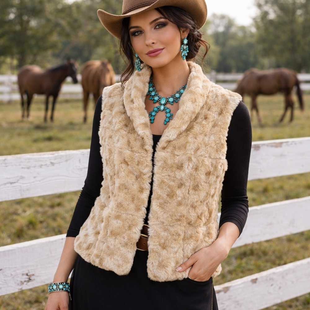 Elle Faux Fur Vest Cream Beige Size Large NWOT